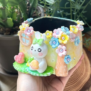Handmade and hand painted succulent planter pot with Cute Rabbit and Colorful Flower Tree House Shape