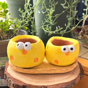 May include: Two yellow ceramic planters shaped like chicks with orange beaks and black eyes. The planters are sitting on a wooden base.