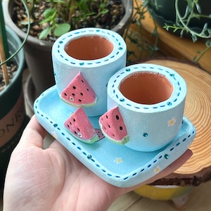 May include: Two small blue ceramic planters with white trim and watermelon designs. The planters are on a light blue tray with white trim and a watermelon design.