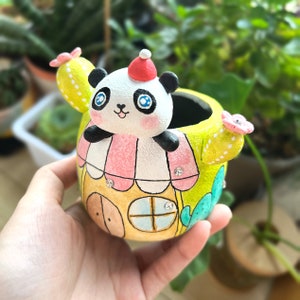 Handmade and hand painted succulent planter pot with Cute panda and cactus shape
