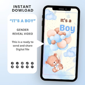 Puede incluir: Un teléfono inteligente muestra un video de revelación de género con el texto "It's a Boy". El diseño presenta un oso de peluche con globos azules y melocotón. También se ve el texto "Descarga instantánea" y "Video de revelación de género".