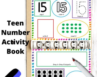 ティーンの数字の本、数字のアクティビティブック、数字の印刷物、幼稚園の算数、幼稚園の算数、幼稚園のワークブック、幼稚園のワークブック