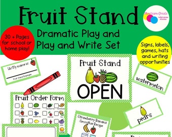 May include: A printable set of educational resources for dramatic play and writing activities. The set includes a fruit stand sign, an order form, a smoothie recipe, price tags, and fruit labels. The set is designed for children to learn about fruits and money.