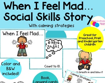 Printable Social Skills Story for Preschool, Feeling Mad, Calming Strategies, Calm Down Visuals Preschool, Social Emotional Social Skills