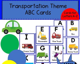 Druckbare Alphabet-Karten, Transport-Thema-Alphabet, ABC-Karten, Fahrzeug-Thema für Vorschule, Kleinkinder