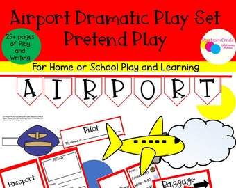 May include: A printable airport dramatic play set for kids. The set includes a passport, boarding pass, pilot name tag, airplane menu, baggage claim sign, and an airport open sign. The set is designed for pretend play and learning.