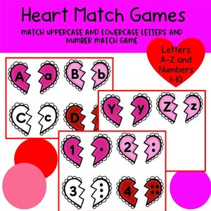 Juego de correspondencia de letras del corazón, Juego imprimible del Día de San Valentín, letras mayúsculas y minúsculas, Juego de correspondencia de números, Preescolar, PreK, Niño pequeño