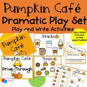 May include: A printable set of cards for a pumpkin cafe dramatic play activity. The cards feature signs, labels, and writing opportunities. The cards are orange and yellow with pumpkin and fall-themed illustrations.