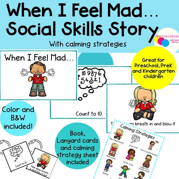 Printable Social Skills Story for Preschool, Feeling Mad, Calming Strategies, Calm Down Visuals Preschool, Social Emotional Social Skills