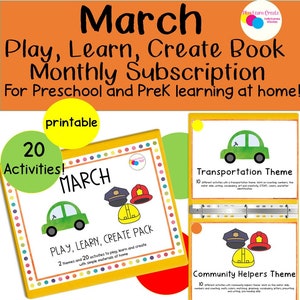 May include: A printable March Play, Learn, Create Pack for preschool and pre-k learning at home. The pack includes 20 activities, 2 themes, and a transportation theme with a green car and a community helpers theme with a police officer, firefighter, and construction worker.