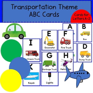 Cartes d'alphabet imprimables, alphabet de thème de transport, cartes d'ABC, thème de véhicule pour l'âge préscolaire, tout-petits