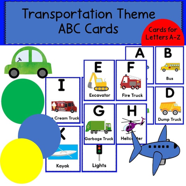 Printable alphabet cards, Transportation Theme alphabet, ABC cards, Vehicle Theme for Preschool, Toddlers