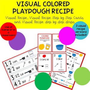 Playdough Recipe, Printable Recipe, Colored Playdough, Homemade Playdough recipe, Vsual recipe for Toddlers, Preschool and kids