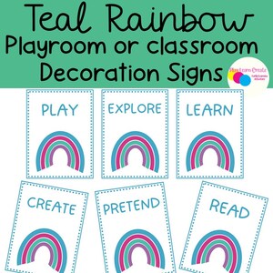 Printable Teal Rainbow Signs, Playroom Signs, Classroom Signs, Play Signs, Homeschool Decor, Learn Signs, Explore Signs, muted Rainbow