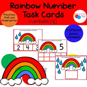 Rainbow, Spring Task Cards, Number Printables Activities, Preschool Math, Games for preschool, PreK and Kindergarten