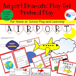 airport dramatic play set, airport pretend play, printable dramatic play, preschool airport theme, writing center, homeschool activities
