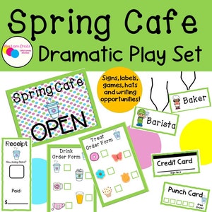 Puede incluir: Un conjunto de juego de rol de cafetería de primavera imprimible con letreros, etiquetas, juegos, sombreros y oportunidades de escritura. El conjunto incluye un recibo, un formulario de pedido de bebidas, un formulario de pedido de golosinas, una tarjeta de crédito y una tarjeta perforada.
