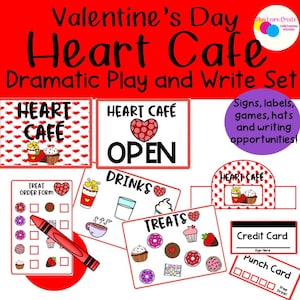Op de afbeelding: Een Valentijnsdag-thema rollenspel en schrijfset voor kinderen. De set bevat borden, labels, spellen, hoeden en schrijfmogelijkheden. De borden zeggen "Heart Cafe" en "Open". Er is ook een bestelformulier voor traktaties, een creditcard en een ponskaart.