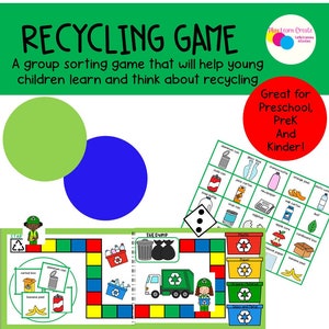 Jeu de société de recyclage imprimable, jeu de tri du recyclage, activité du jour de la Terre, recyclage préscolaire, recyclage de la maternelle, leçon de recyclage