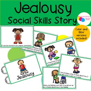 Puede incluir: Una historia de habilidades sociales para niños sobre los celos. La historia se cuenta a través de una serie de ilustraciones coloridas con texto que explica cómo lidiar con los sentimientos de celos. El texto incluye frases como "Puede ser normal sentir celos a veces." y "Puedo resolver problemas para pensar en cómo puedo obtener lo que quiero, o lo que necesito."