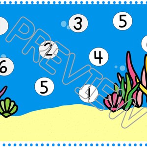 May include: An underwater scene with numbers 1 through 6 in white circles on a blue background. There are two sets of seaweed with pink, green, and yellow stalks. The bottom of the image is a yellow sandy beach.