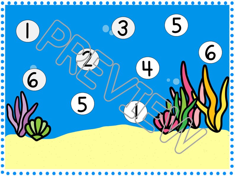May include: An underwater scene with numbers 1 through 6 in white circles on a blue background. There are two sets of seaweed with pink, green, and yellow stalks. The bottom of the image is a yellow sandy beach.