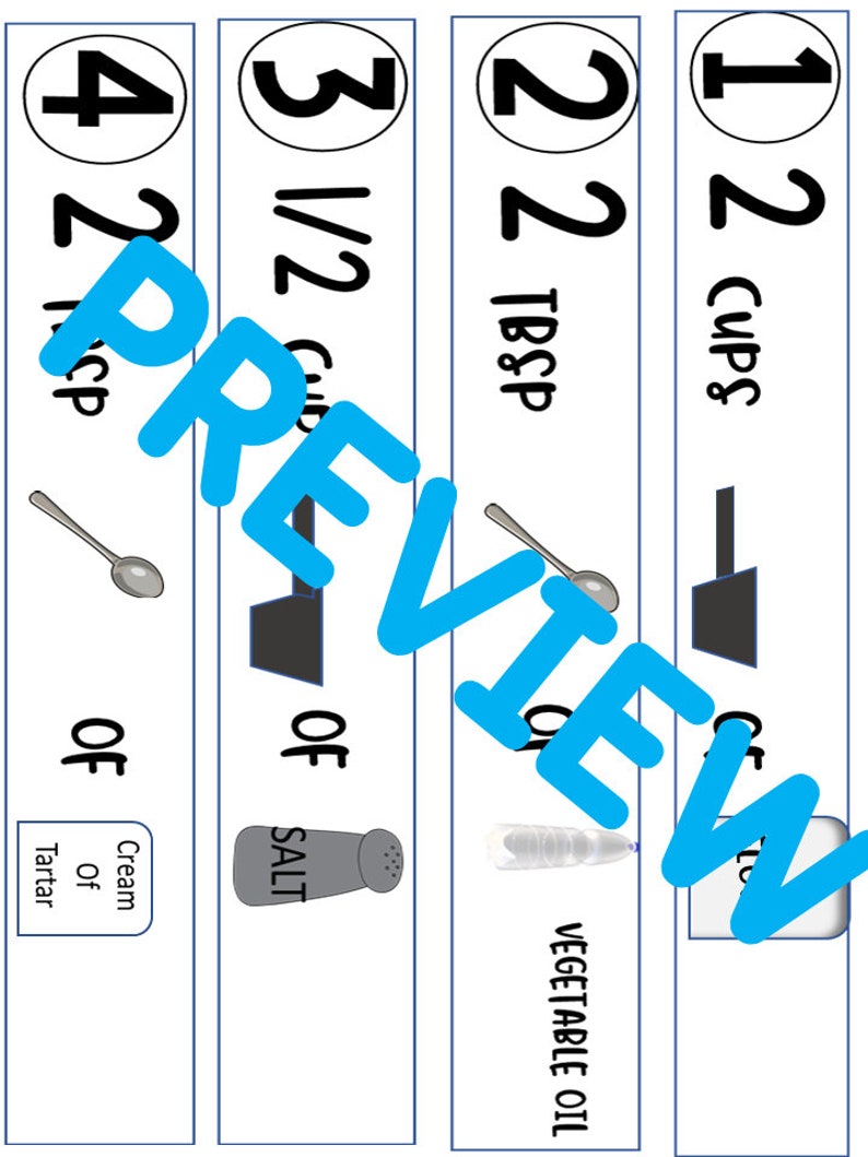 May include: Four recipe cards with numbers 1 through 4 circled in black. Each card has a measurement and ingredient listed. The ingredients are 1 cup of flour, 2 tablespoons of vegetable oil, 3 1/2 cups of salt, and 1/2 cup of cream of tartar.
