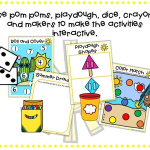 May include: Four printable summer activity cards for kids. The cards feature a cactus, a sun, a popsicle, and a beach scene. The text on the cards says "Roll and Cover", "Playdough Shapes", "Summer Draw", and "Color Match".