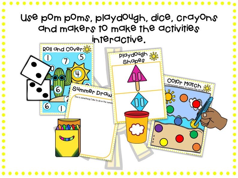 May include: Four printable summer activity cards for kids. The cards feature a cactus, a sun, a popsicle, and a beach scene. The text on the cards says "Roll and Cover", "Playdough Shapes", "Summer Draw", and "Color Match".