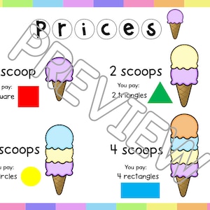 May include: A colorful chart with ice cream cones of different sizes and flavors. The chart shows the price of each ice cream cone in terms of geometric shapes. For example, a one-scoop ice cream cone costs one square, a two-scoop ice cream cone costs two triangles, and so on.