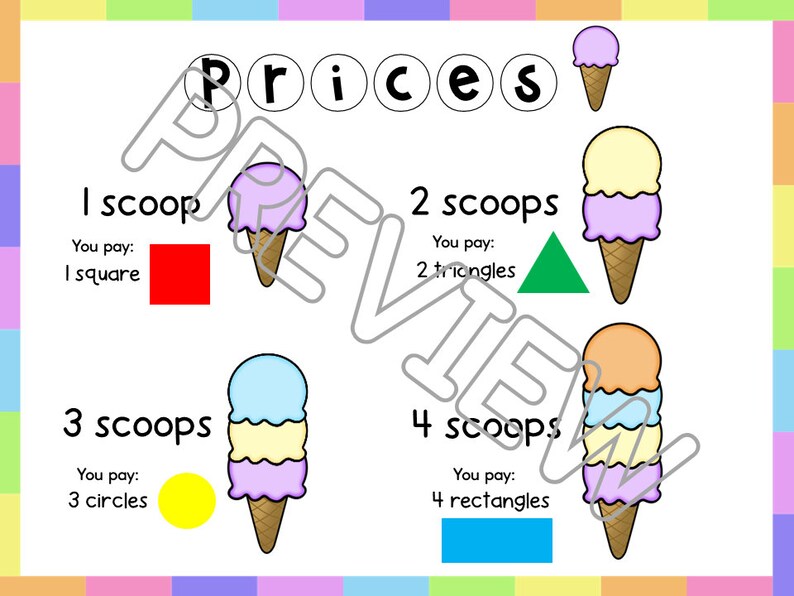 May include: A colorful chart with ice cream cones of different sizes and flavors. The chart shows the price of each ice cream cone in terms of geometric shapes. For example, a one-scoop ice cream cone costs one square, a two-scoop ice cream cone costs two triangles, and so on.