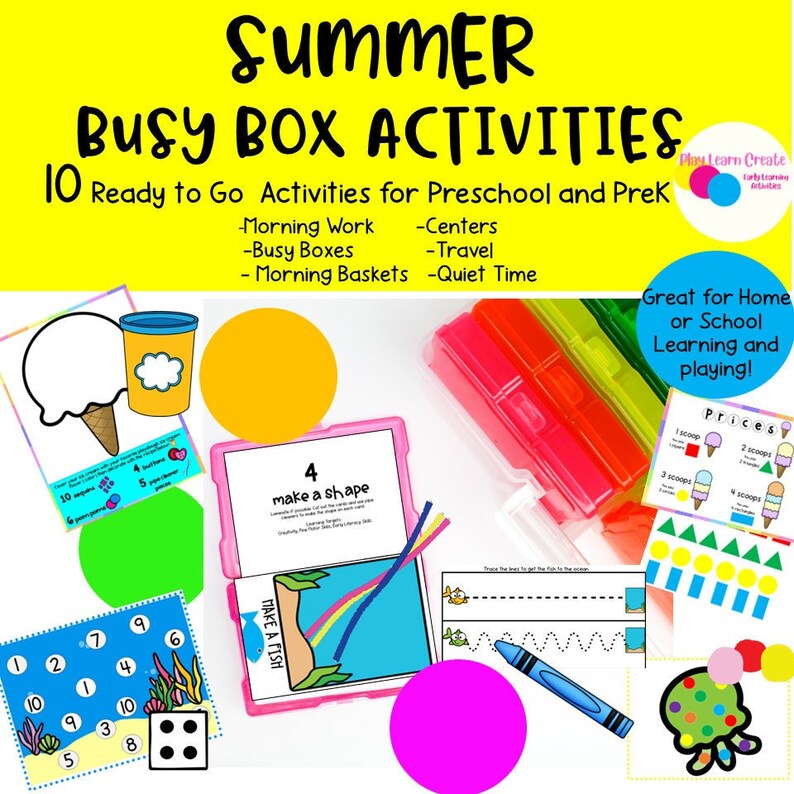 May include: A set of 10 summer-themed busy box activities for preschool and pre-k. The activities include a variety of themes, such as ice cream, fish, and shapes. The activities are designed to be fun and engaging for young children.