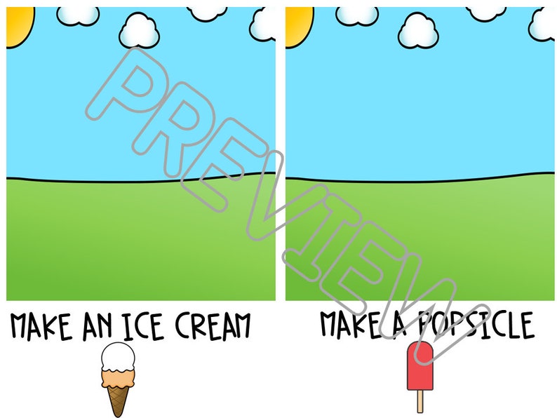 May include: A cartoon illustration of a sunny day with a green grassy field. The text "Make an ice cream" is below a cartoon ice cream cone. The text "Make a popsicle" is below a cartoon popsicle.