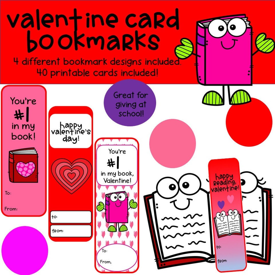 Printable Valentine Cards for Kids, Valentine Card Bookmarks, School Valentine Cards, Valentine ...