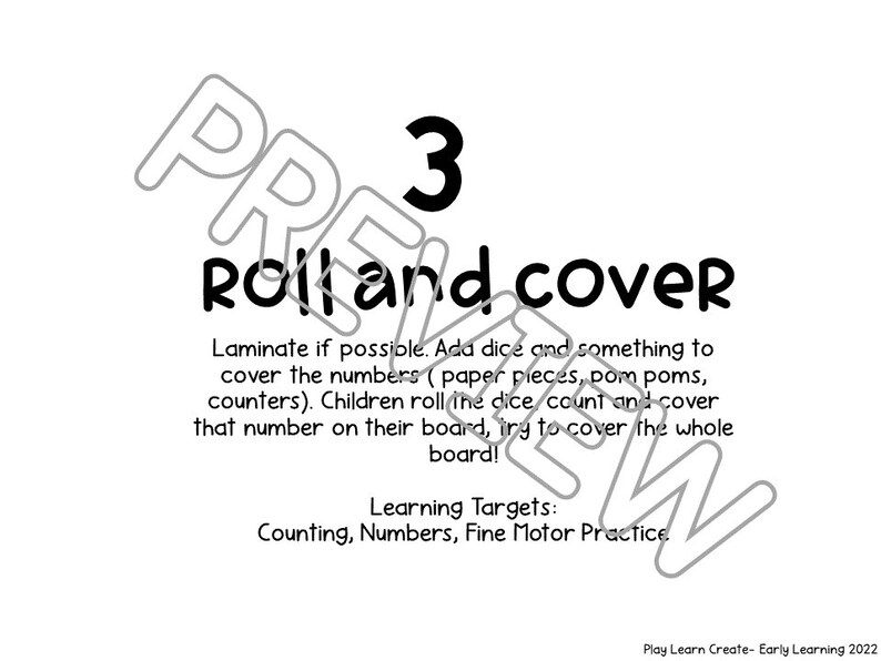 May include: Black and white printable activity sheet with the number 3 and the text "Roll and Cover". The instructions explain how to play the game using dice and counters. The learning targets are listed as "Counting, Numbers, Fine Motor Practice".