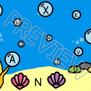 May include: A blue background with white letters in bubbles, a yellow seaweed, pink and purple seashells, and the letter N on a yellow sandy beach.