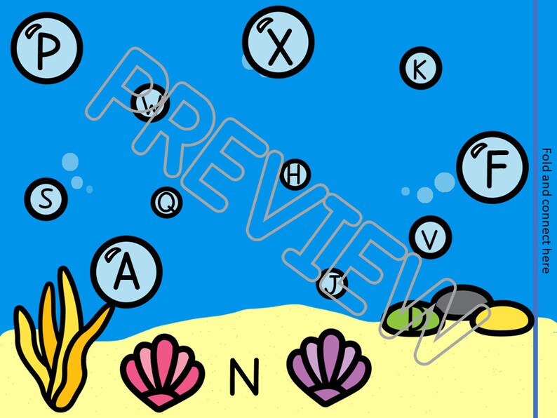May include: A blue background with white letters in bubbles, a yellow seaweed, pink and purple seashells, and the letter N on a yellow sandy beach.