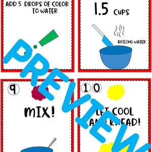 May include: A set of four colorful cards with instructions for making slime. The cards are numbered 7 through 10 and include instructions to add color to water, add 1.5 cups of boiling water, mix, and let cool.