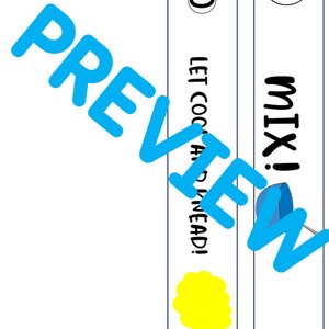 May include: Two printable signs with instructions for making dough. The first sign says "10 Let Cool and Knead!" with a yellow circle and a blue circle. The second sign says "Mix!" with a blue circle.