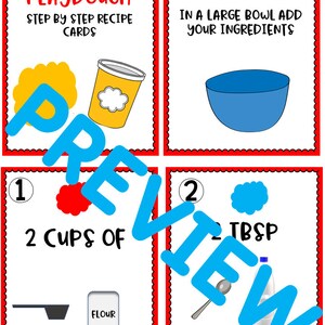 May include: Four printable recipe cards for making colored playdough. The cards are red with white text and illustrations. The first card says "Colored Playdough" and has a yellow bowl of playdough. The second card says "In a large bowl add your ingredients" and has a blue bowl. The third card says "1. 2 cups of" and has a measuring cup and a bag of flour. The fourth card says "2. 2 Tbsp" and has a spoon and a bottle of vegetable oil.