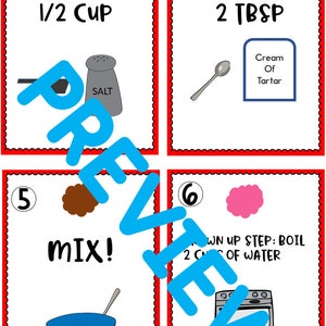 May include: A set of six colorful cards with instructions for making a recipe. The cards are numbered 3 through 6 and each card has a different colored shape, a picture of an ingredient or utensil, and text instructions. The text on the cards includes: 1/2 cup, salt, 2 tbsp, cream of tartar, mix, and boil 2 cups of water.