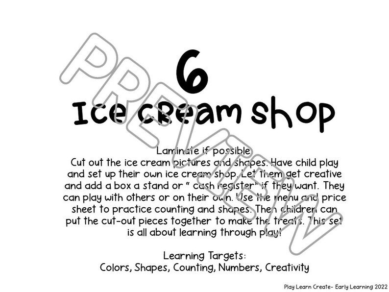 May include: Black and white printable activity sheet for kids. The sheet features the text "6 Ice Cream Shop" and instructions for a pretend ice cream shop activity. The learning targets are listed as "Colors, Shapes, Counting, Numbers, Creativity".