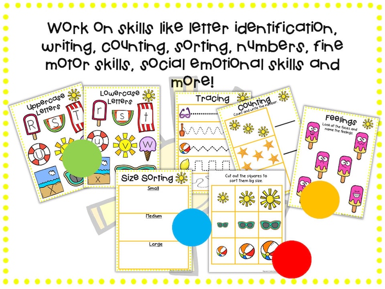 May include: A set of printable summer-themed worksheets for kids. The worksheets feature activities like letter identification, counting, sorting, tracing, and feelings. The worksheets are colorful and feature illustrations of watermelon, ice cream, sunglasses, and beach balls.