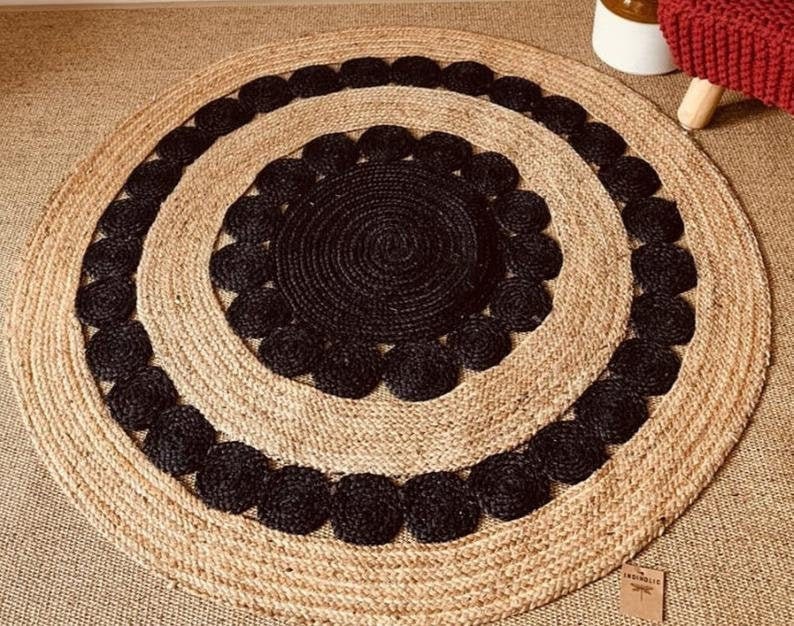 5x5 6x6 7x7 8x8 Black Jute Braided Round Rug Natural Jute Etsy