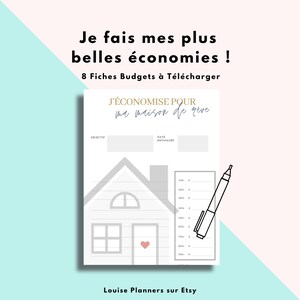 Peut inclure: Un planificateur budgétaire blanc avec un graphique de maison et le texte "J'économise pour ma maison de rêve". Le planificateur comprend des sections pour les objectifs et les dates, avec une illustration de stylo. Le fond est rose et sarcelle.
