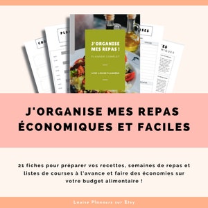 Puede incluir: Un planificador imprimible verde y blanco con el texto "J'organise mes repas! Planner complet avec Louise Planners" y una ensalada con tomates, pepinos y lechuga. El texto "J'organise mes repas économiques et faciles" está debajo del planificador. El texto "21 fiches pour préparer vos recettes, semaines de repas et listes de courses à l'avance et faire des économies sur votre budget alimentaire!" está debajo del texto. El texto "Louise Planners sur Etsy" está en la parte inferior de la imagen.