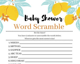 Popular baby shower theme 2021, Trending Lemon theme Printable baby shower game. Baby Shower citrus themed. Gender neutral party games.