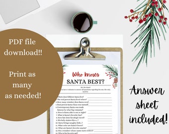 Christmas party game printable Santa trivia 2022, Company work party game, instant download game for christmas party, santa trivia