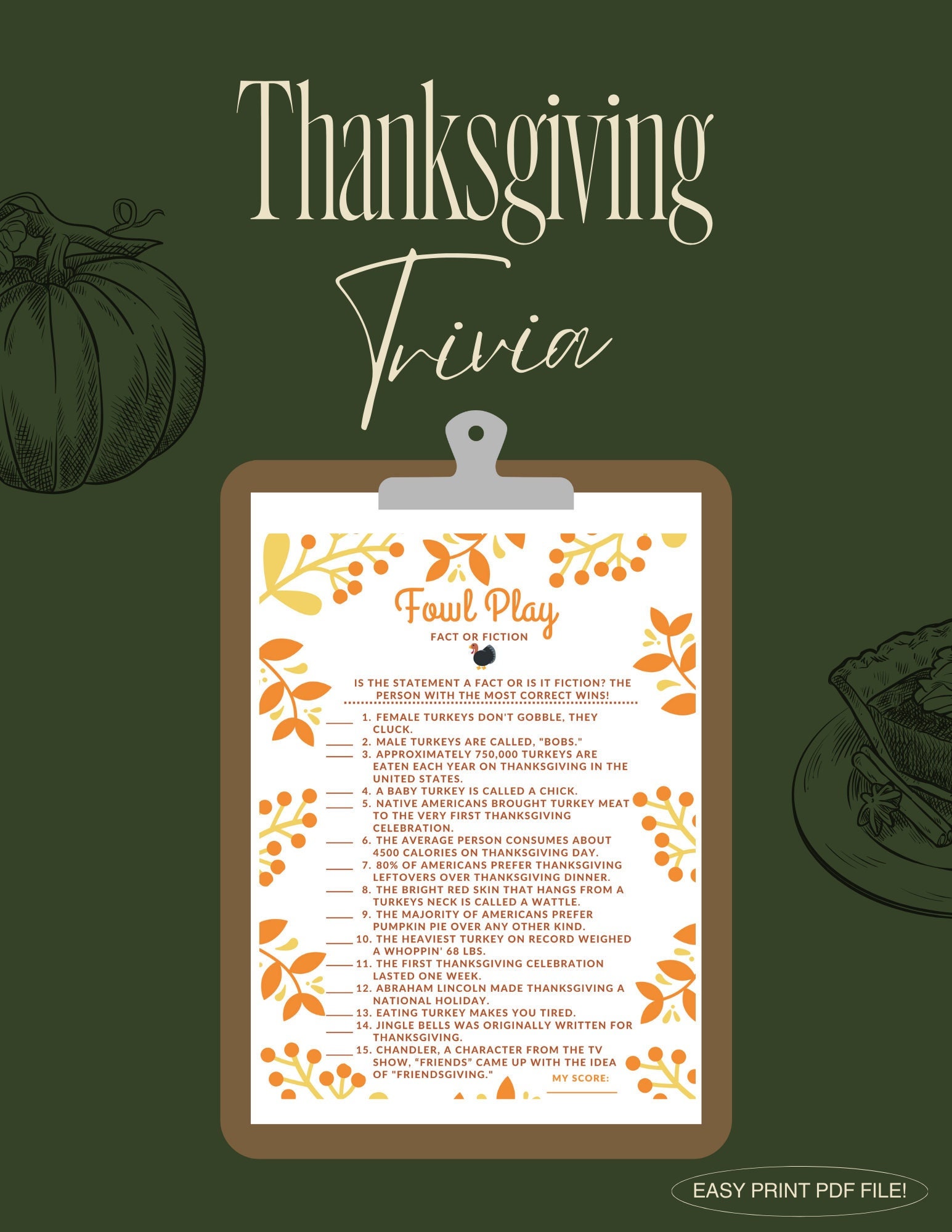 Thanksgiving Trivia Game, Printable Thanksgiving Game, Friendsgiving
