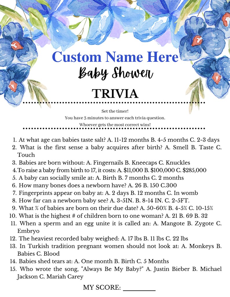 Printable Fillable Baby Shower Trivia Game, Custom Name Baby Shower